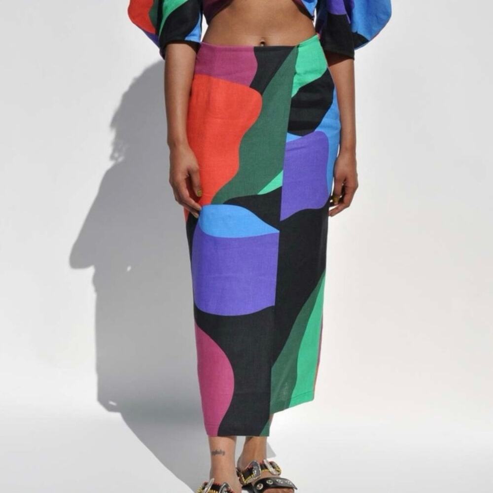Mara Hoffman Sunja Abstract Printed Wrap Midi Skirt sz 4, faux wrap pencil hemp